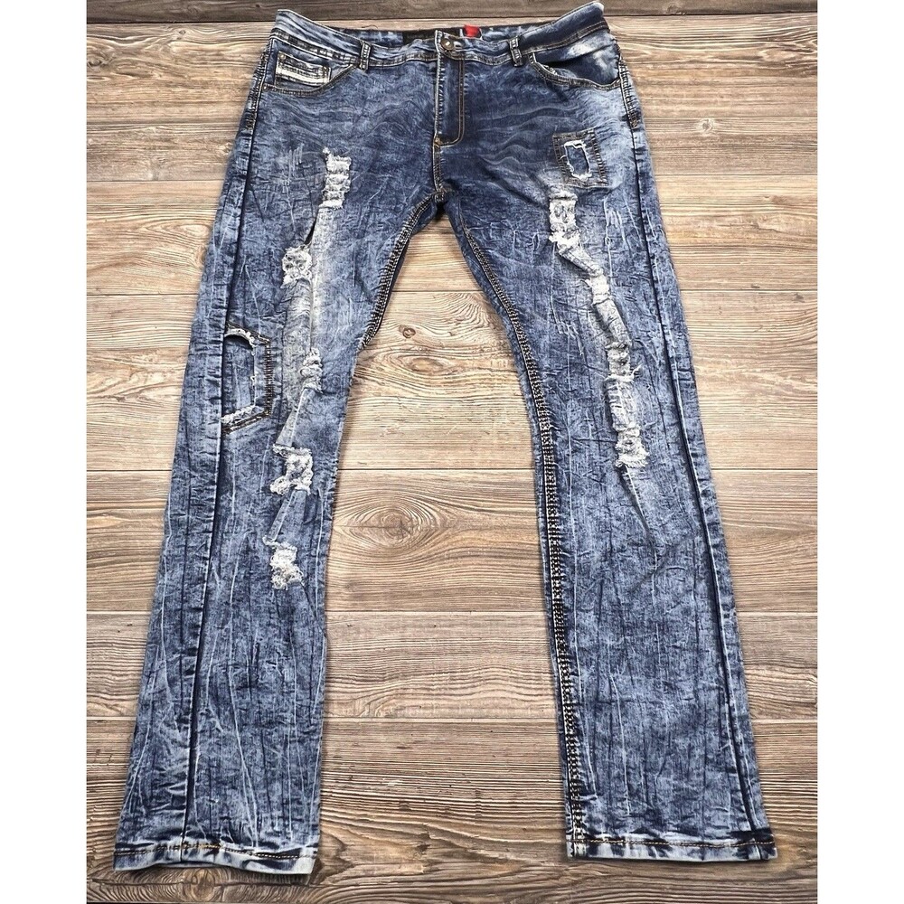 Benjamin Franklin Moto Jeans Mens 38x31 Blue Acid‎ Washed Ripped Straight Leg